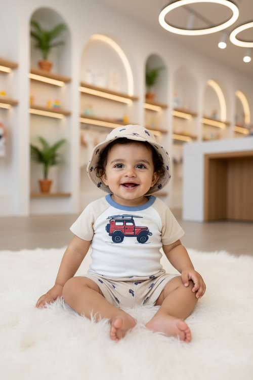 Baby Boys Wrangler 3-Piece Set – Surf Jeep Bodysuit, Shorts & Bucket Hat